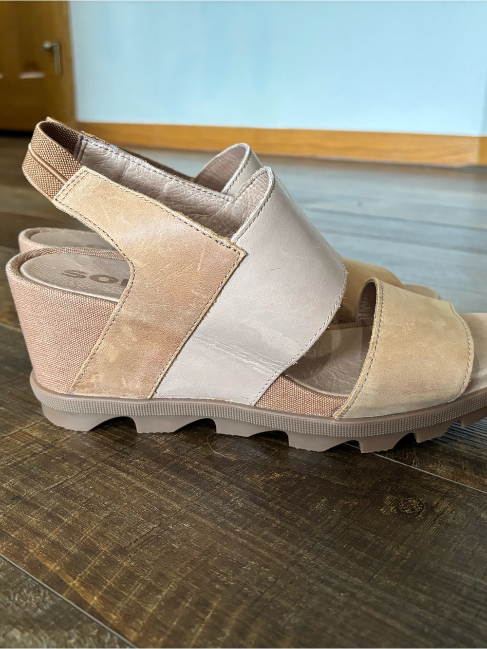 Sorel Beige and Tan Slingback Wedge Sandal